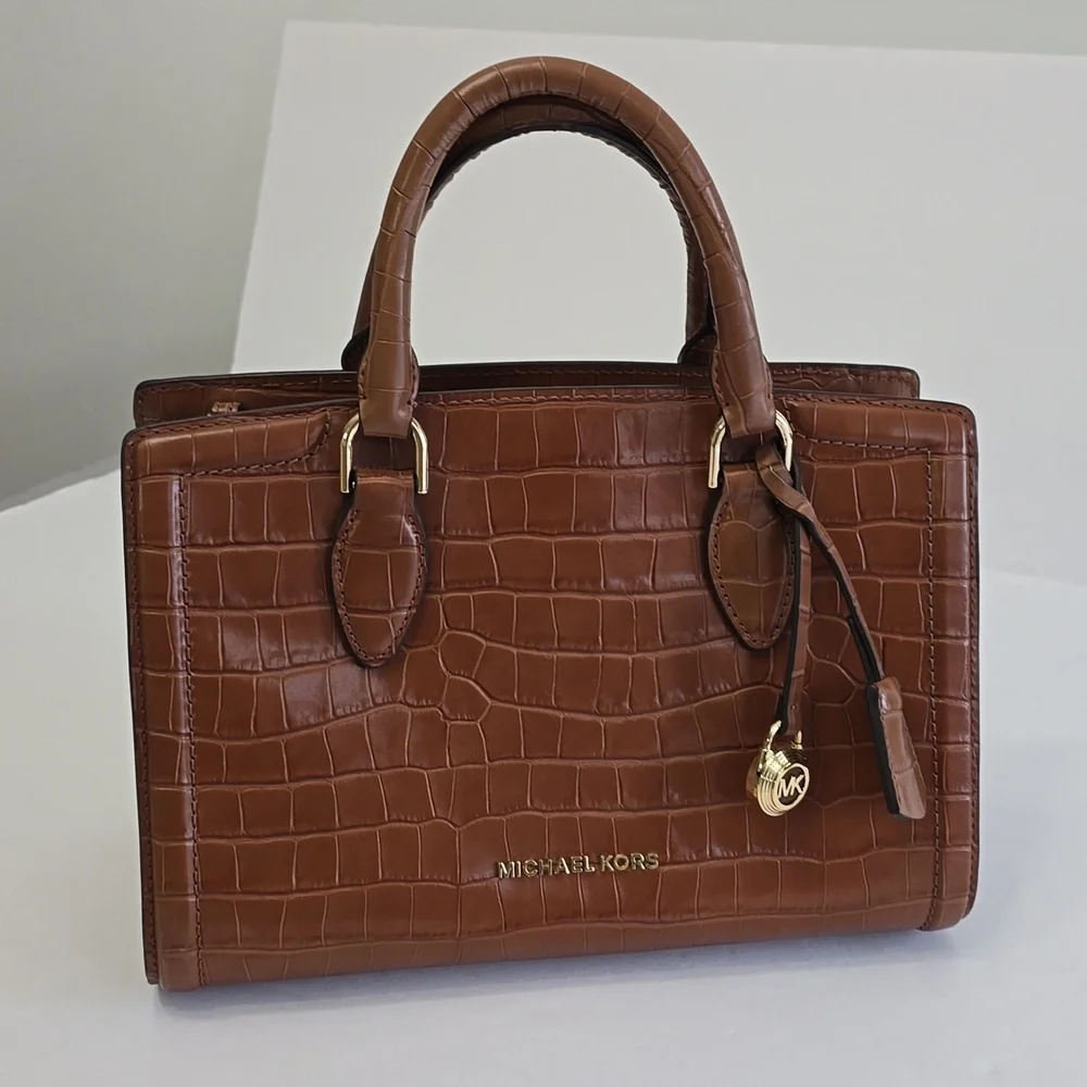 New Michael Kors Zoe Croc Embossed Leather Satchel Handbag Crosdbody Brown